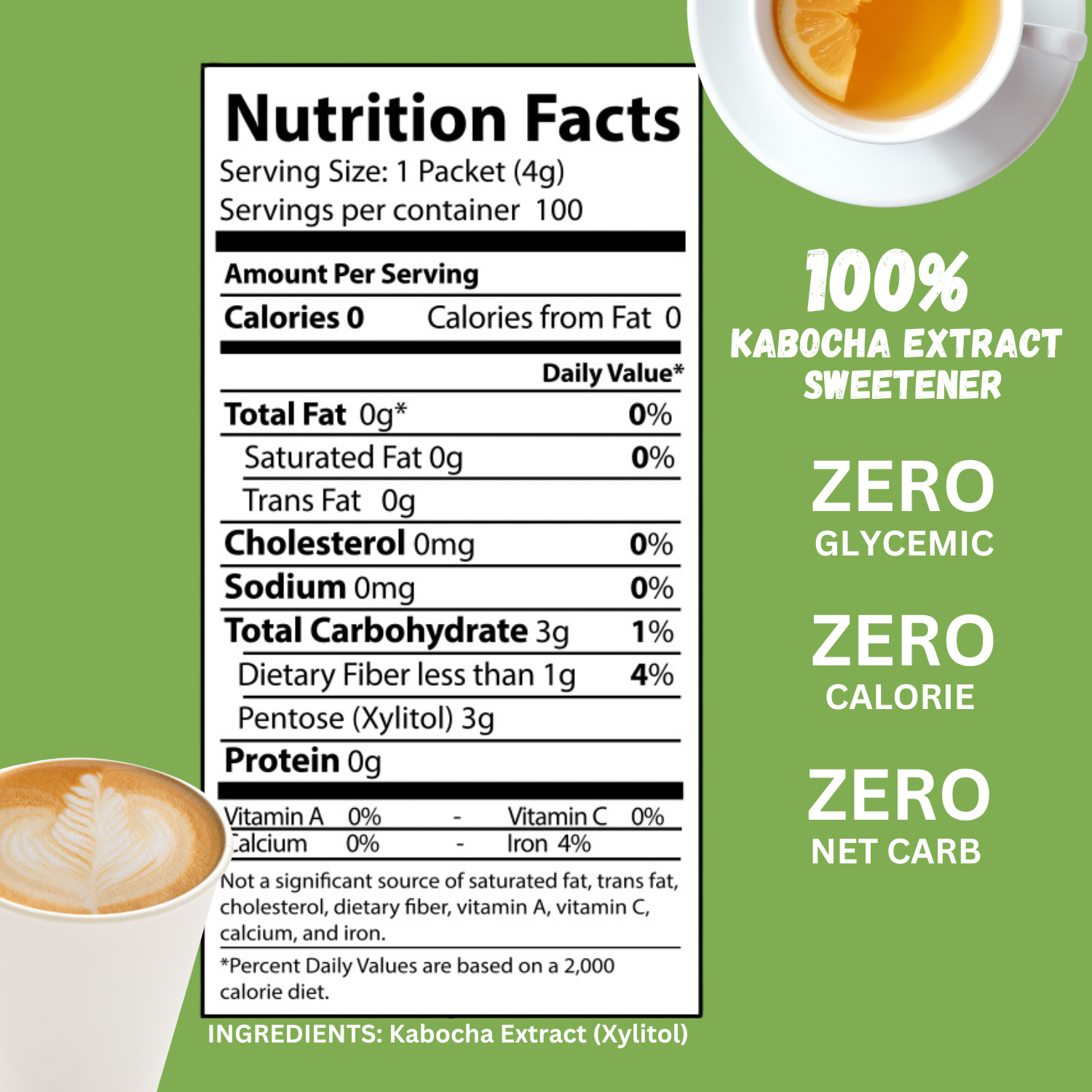 BochaSweet sweetener packets nutrition facts with zero calories, zero glycemic, zero net carbs, made from kabocha extract (xylitol)