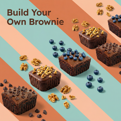 Customizable brownies with various toppings on a colorful striped background