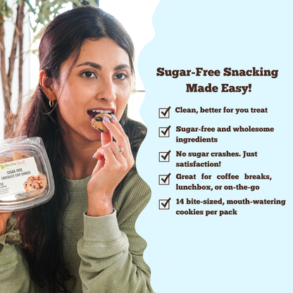 Woman eating a cookie with a container of cookies, surrounded by text about sugar-free snacking.