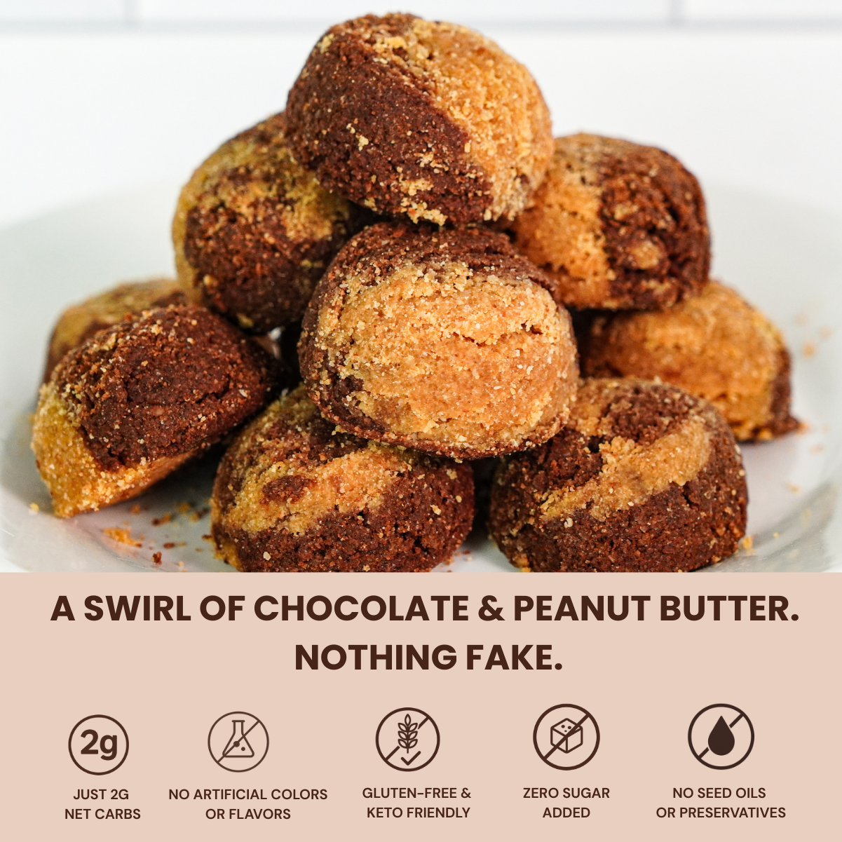 Peanut butter balls with chocolate swirl on a white plate, with text describing their ingredients and health benefits.