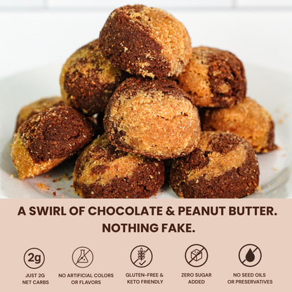 Peanut butter balls with chocolate swirl on a white plate, with text describing their ingredients and health benefits.
