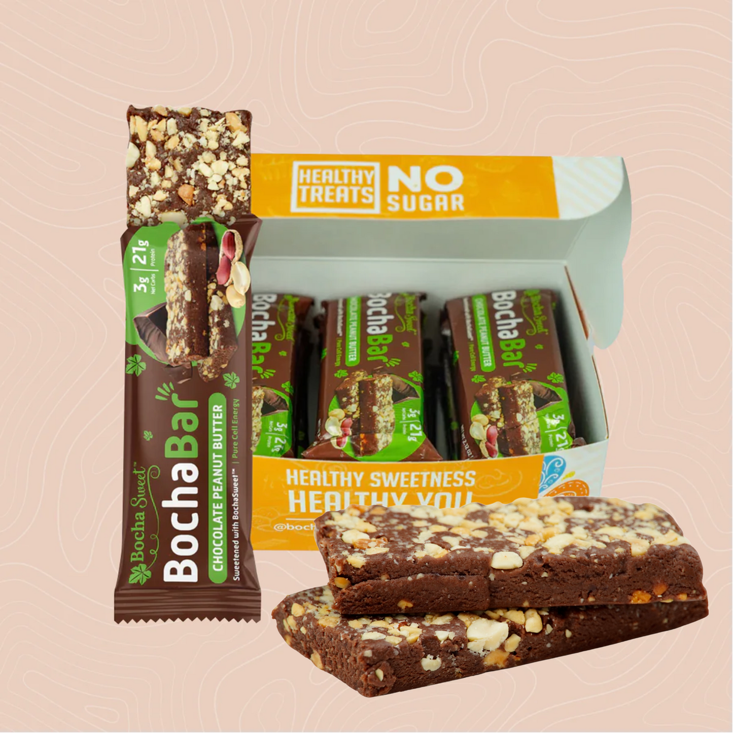 BochaBar Chocolate Peanut Butter Protein Bar - A healthy, no-sugar, low-carb snack featuring a delicious chocolate and peanut butter flavor. The image shows an open box containing individually wrapped bars, showcasing one bar with a rich chocolate layer, peanut pieces, and a soft texture. Perfect for keto-friendly, low-carb, and sugar-free lifestyles, with 3g net carbs and 21g protein per bar