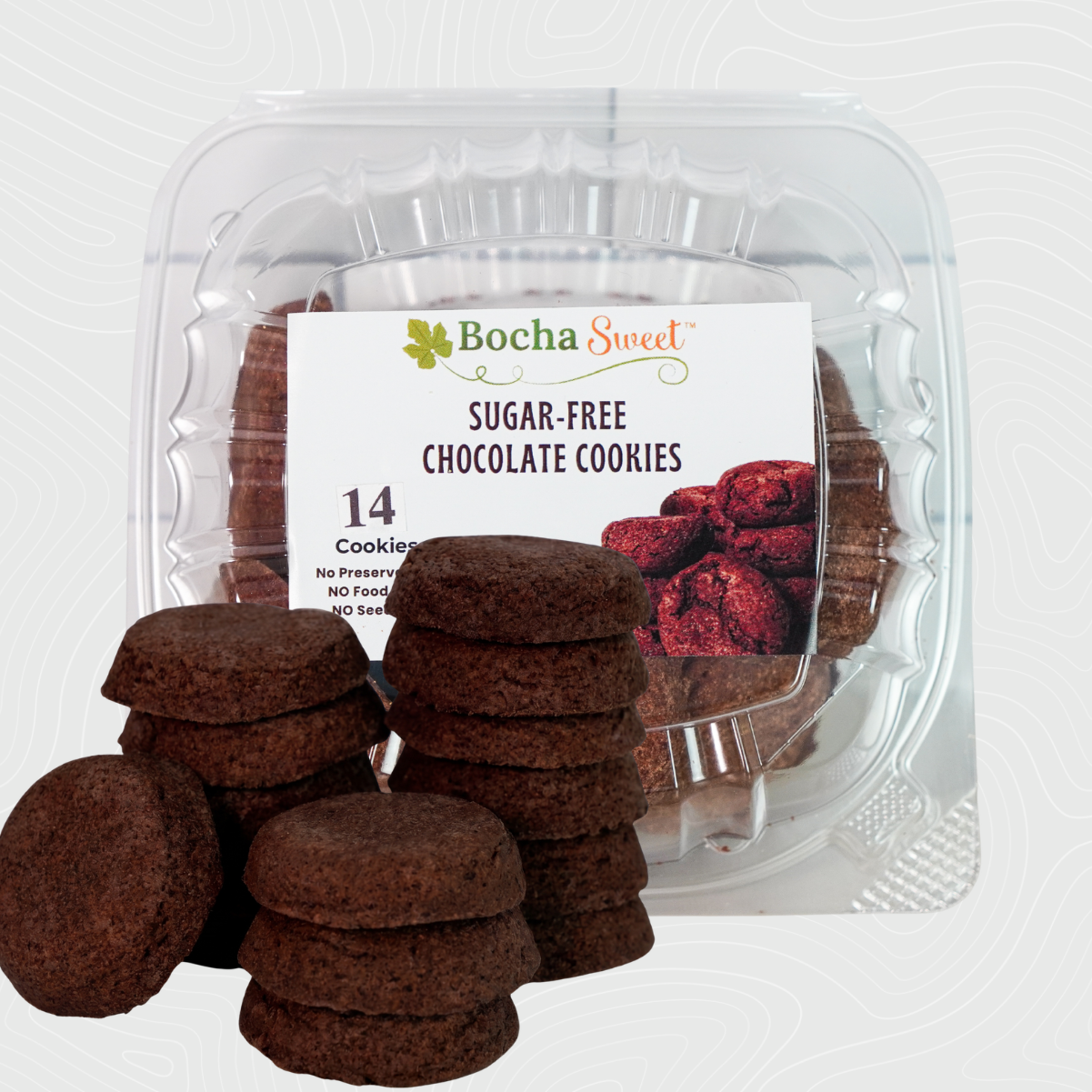 Pack of Bocha Sweet sugar-free chocolate cookies on a white background