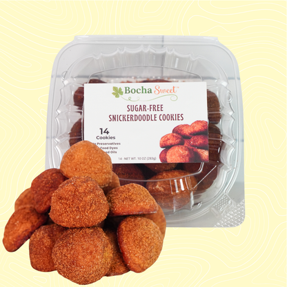 Packaged sugar-free snickerdoodle cookies with Bocha Sweet label on a light yellow background