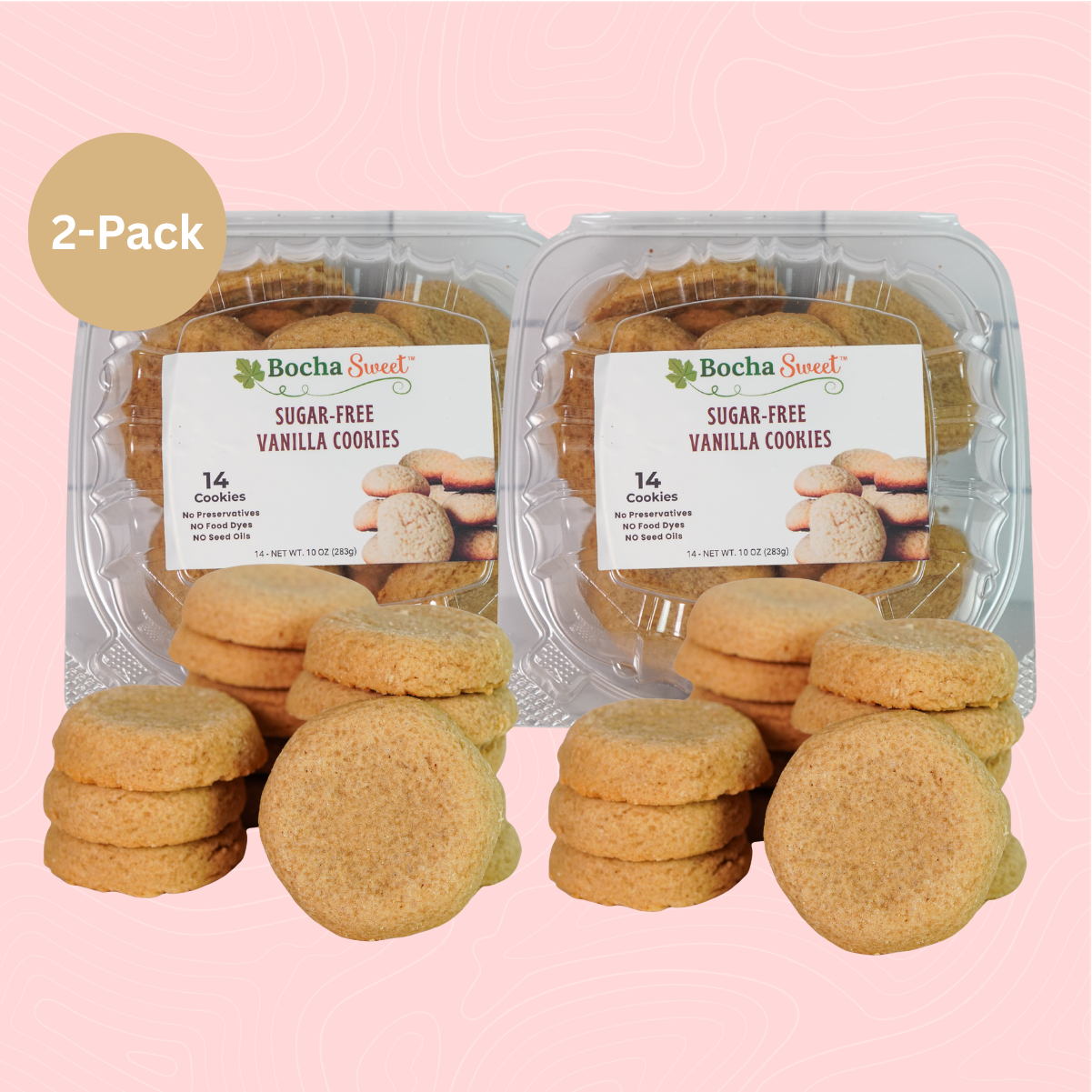 Two packages of Bocha Sweet sugar-free vanilla cookies on a pink background