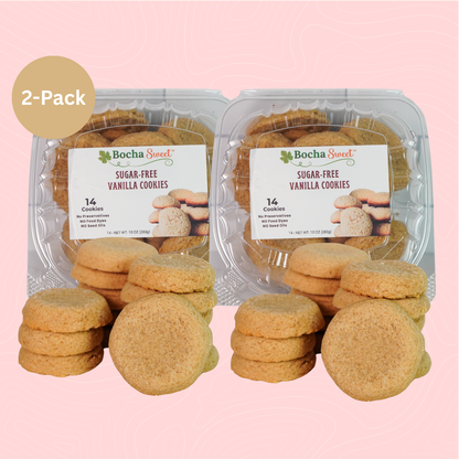 Two packages of Bocha Sweet sugar-free vanilla cookies on a pink background