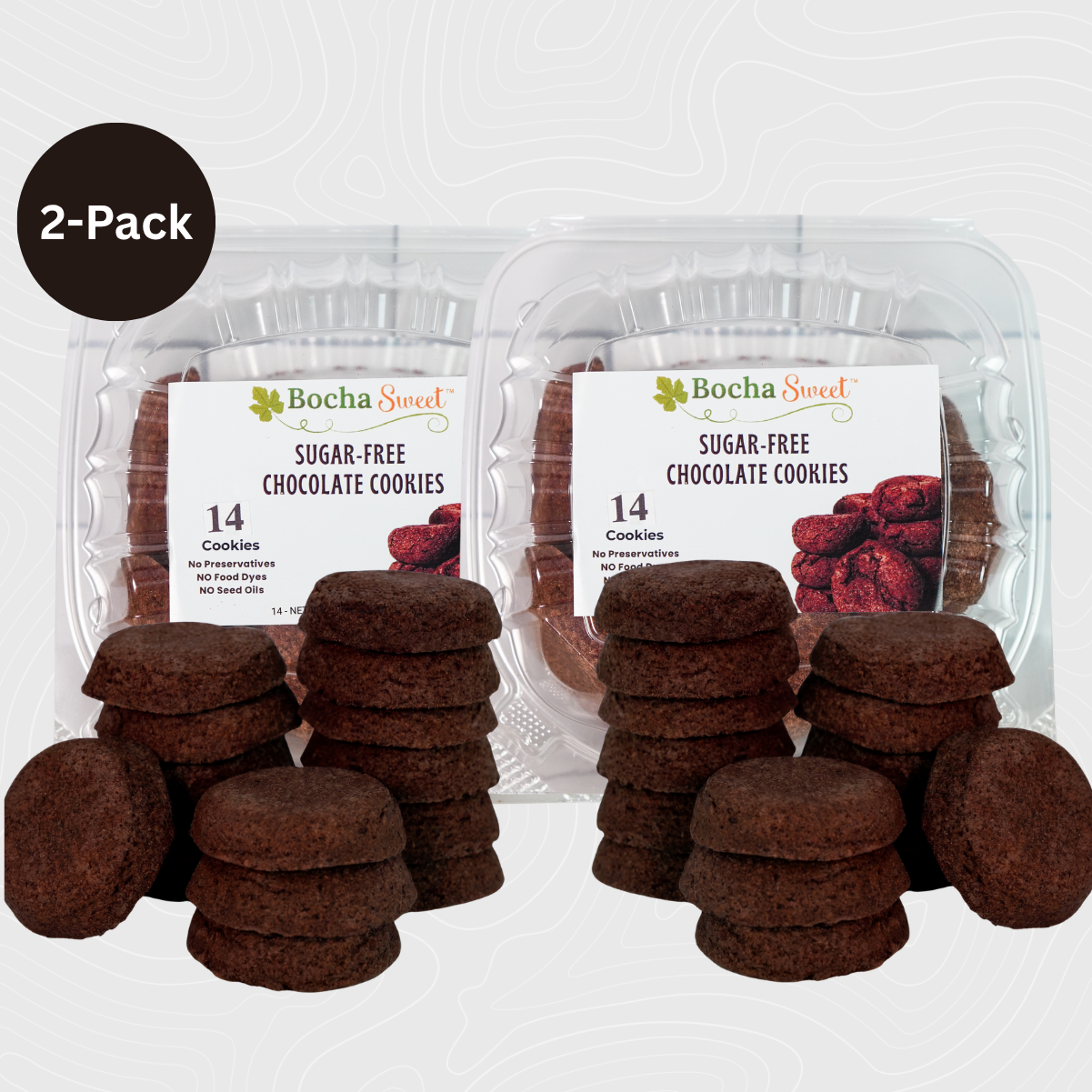 Two packages of Bocha Sweet sugar-free chocolate cookies on a white background