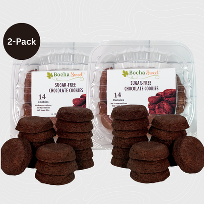 Two packages of Bocha Sweet sugar-free chocolate cookies on a white background