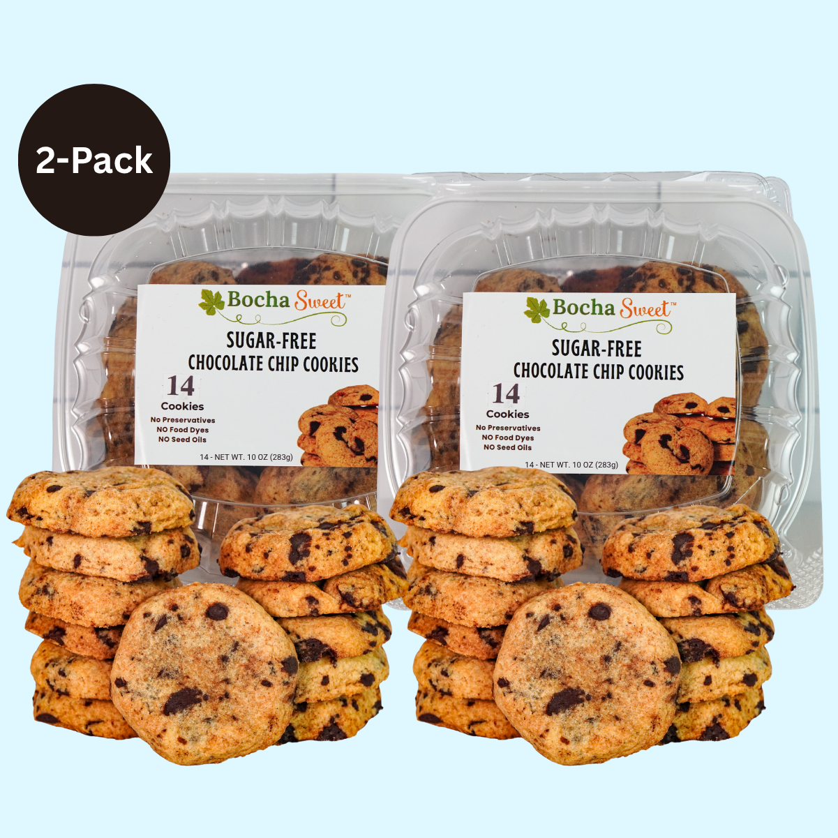 Two packs of Bocha Sweet sugar-free chocolate chip cookies on a light blue background