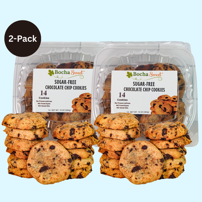 Two packs of Bocha Sweet sugar-free chocolate chip cookies on a light blue background
