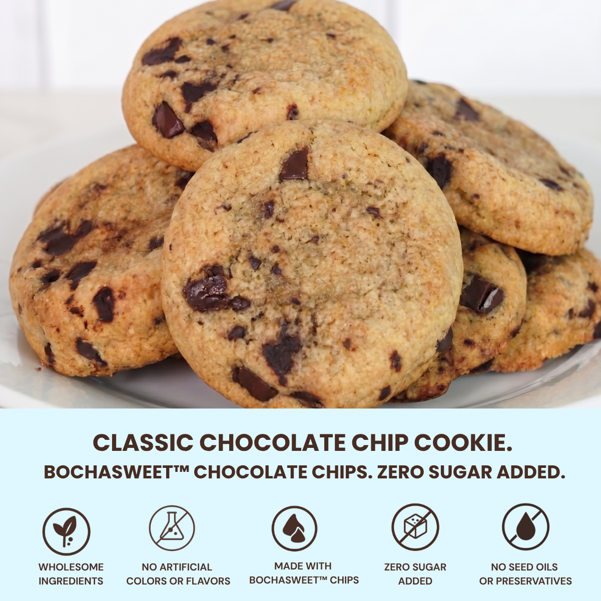 Stack of classic chocolate chip cookies with text about Bochasweet chocolate chips and product features.