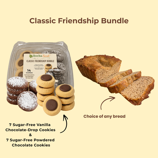 Bocha Sweetz Classic Friendship Bundle featuring 7 sugar-free vanilla chocolate-drop cookies and 7 sugar-free powdered chocolate cookies next to a loaf of bread, on a light beige background with descriptive text.