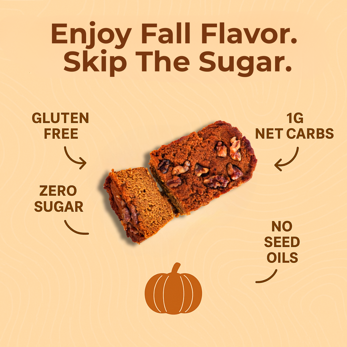 Graphic design image featuring a sliced loaf of Keto Sugar-Free Pumpkin Spice Bread in the center, surrounded by benefit callouts: "Gluten Free," "Zero Sugar," "1g Net Carbs," and "No Seed Oils." The headline reads “Enjoy Fall Flavor. Skip The Sugar.” on a warm, fall-inspired background with a small pumpkin icon at the bottom.