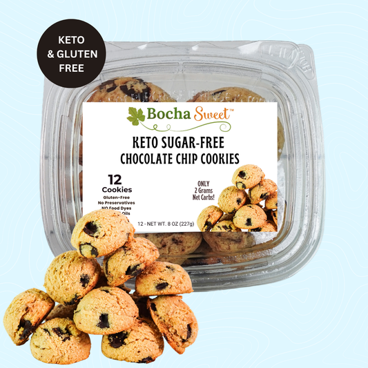 BochaSweet Keto Sugar-Free Chocolate Chip Cookies 12-pack in clear clamshell container with light blue background. Label highlights gluten-free, no preservatives, no food dyes, and no seed oils.