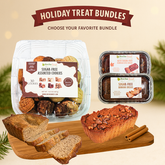 Holiday treat bundles with assorted cookies, banana bread, and other baked goods on a wooden board.