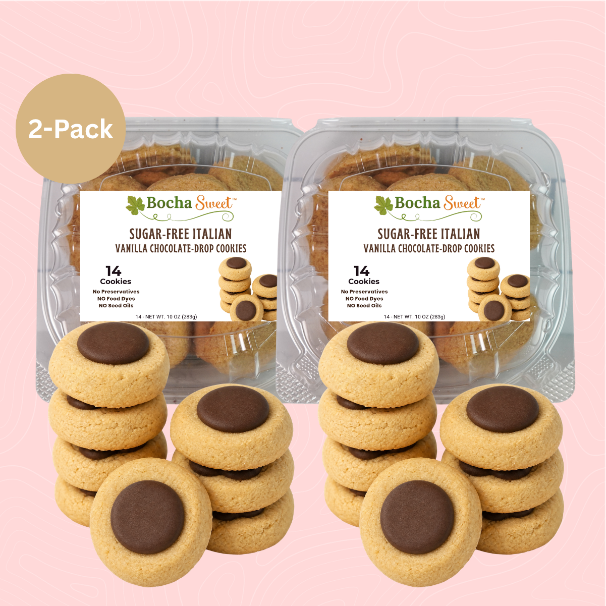 Two clear plastic packages of Bocha Sweet Sugar-Free Italian Vanilla Chocolate Drop Cookies, with several cookies stacked in front on a light pink background. A beige '2-Pack' badge appears in the top left corner.