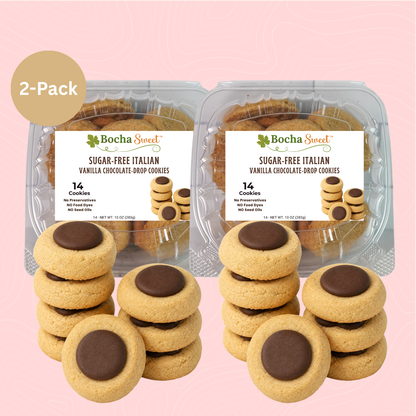 Two clear plastic packages of Bocha Sweet Sugar-Free Italian Vanilla Chocolate Drop Cookies, with several cookies stacked in front on a light pink background. A beige '2-Pack' badge appears in the top left corner.