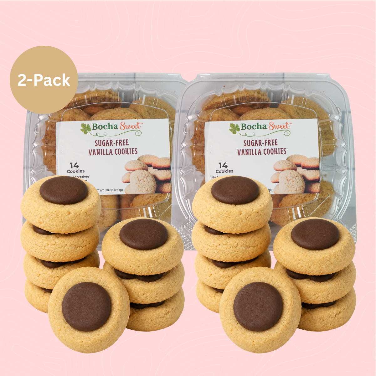 Two packages of Bocha Sweet sugar-free vanilla cookies with chocolate dome tops on a pink background.