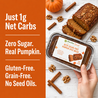 A hand holds a container of Bocha Street Keto Sugar-Free Pumpkin Spice Bread on a white wood surface, with sliced bread, walnuts, cinnamon sticks, and a pumpkin around it. An orange text panel on the left reads: 'Just 1g Net Carbs', 'Zero Sugar.