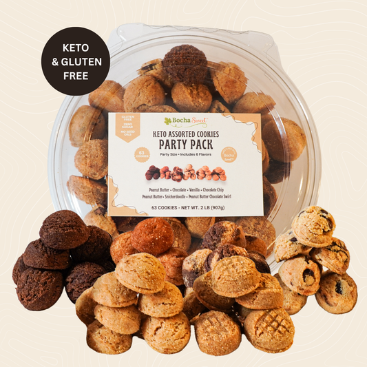 Keto assorted cookies party pack with a clear container on a beige background