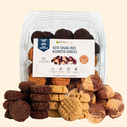 Packaged keto sugar-free assorted cookies with a clear container on a beige background