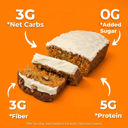 A sliced loaf of carrot cake with white frosting on a bright orange background, surrounded by white arrows and text highlighting 3g net carbs, 0g added sugar, 3g fiber, and 5g protein.