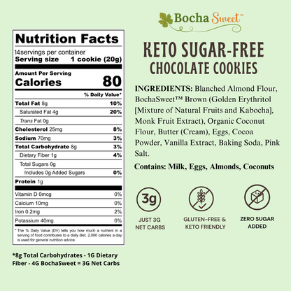 Nutrition facts and ingredients label for Bocha Sweet keto sugar-free chocolate cookies on a light green background.