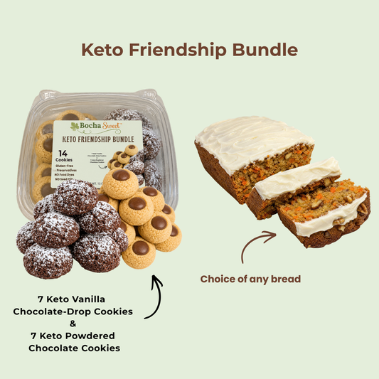 Keto Friendship Bundle product display on a pale green background, showing a clear plastic container of assorted cookies alongside two slices of keto bread with white frosting. Text labels identify the bundle contents: 7 keto vanilla chocolate-drop cookies, 7 keto powdered chocolate cookies, and a choice of any bread loaf.