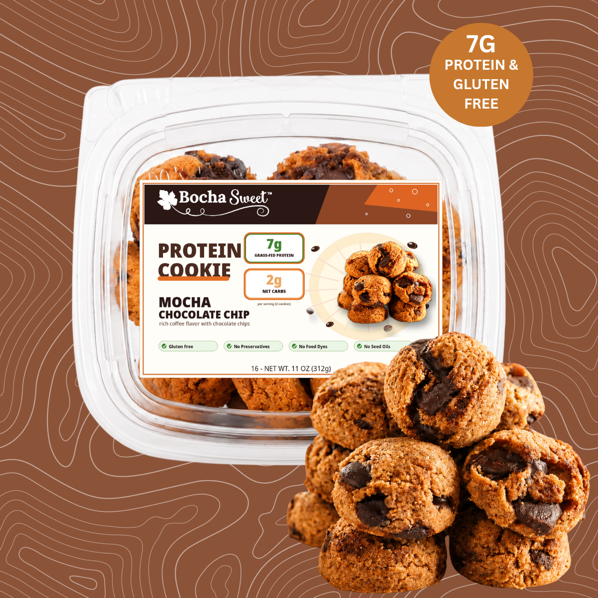 Packaged protein cookies with a label on a brown background