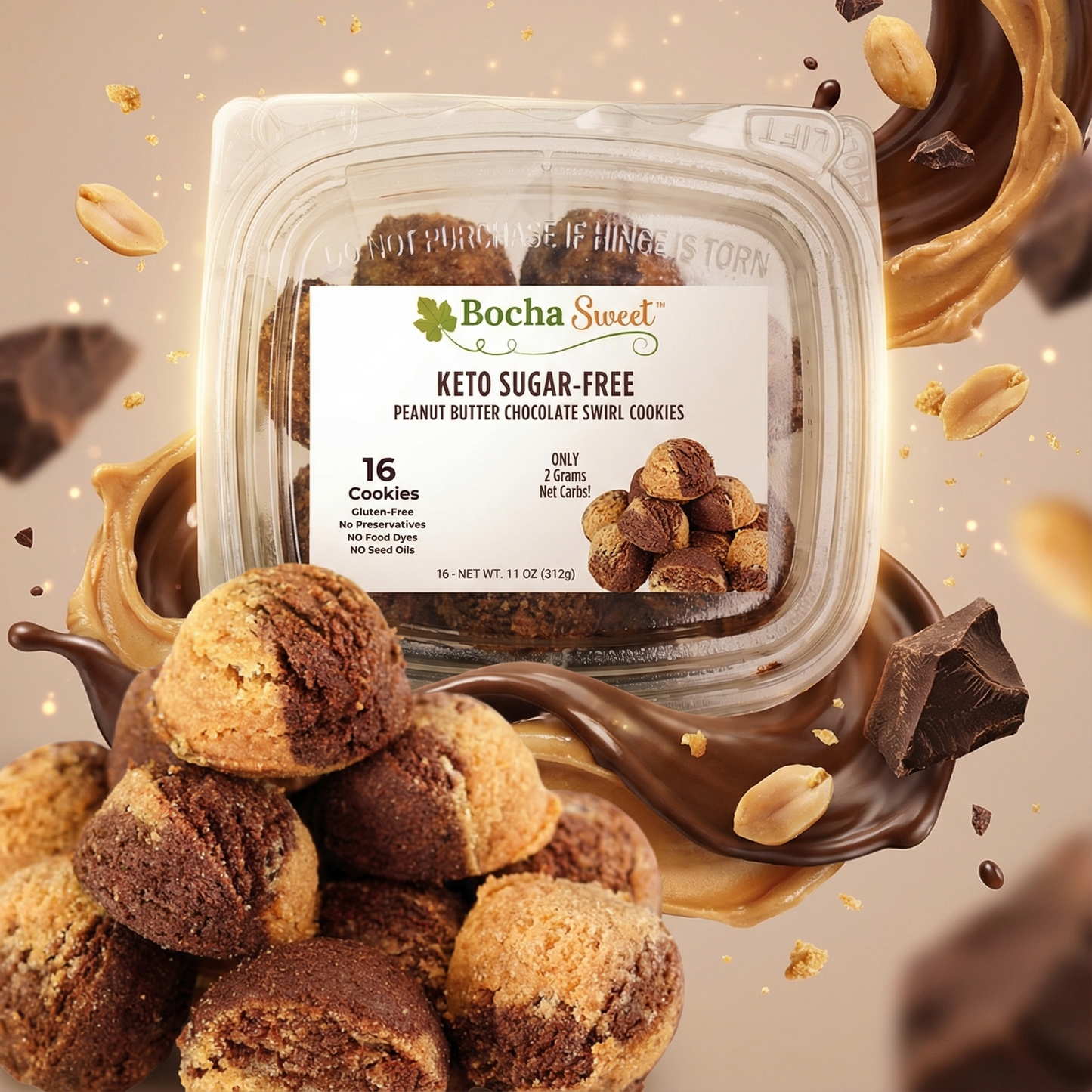Keto sugar-free peanut butter chocolate cookies with Bocha Sweet packaging on a decorative background.