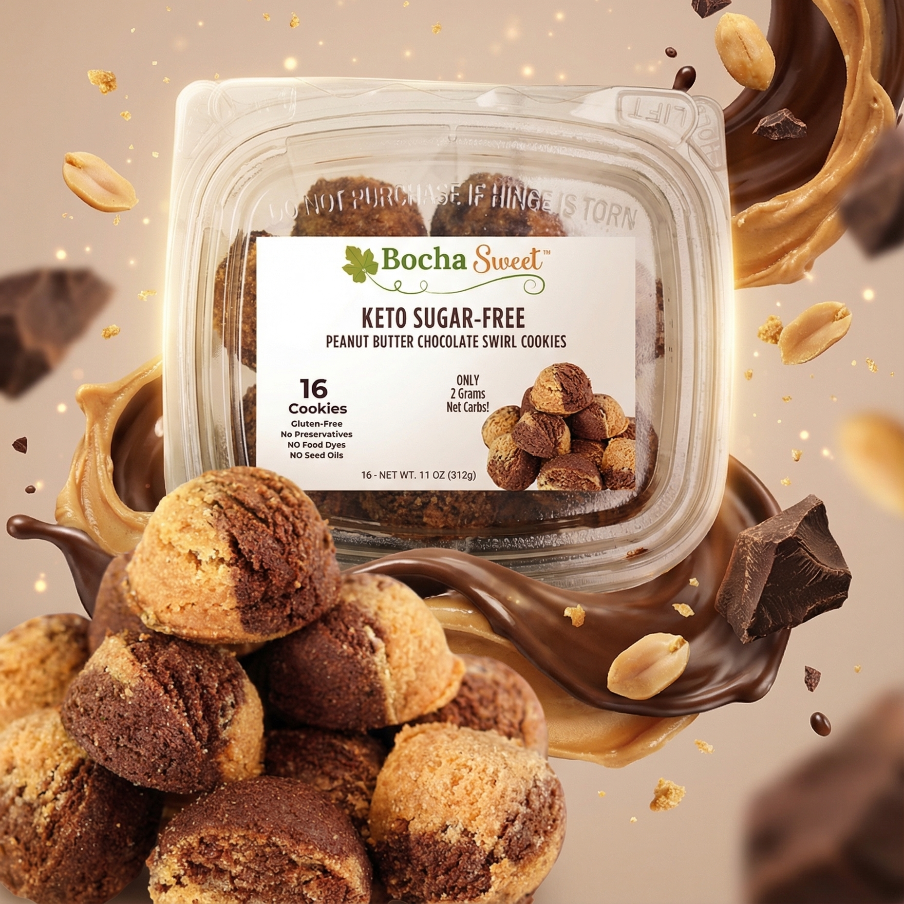 Keto sugar-free peanut butter chocolate cookies with Bocha Sweet packaging on a decorative background.