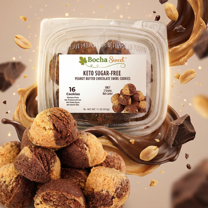Keto sugar-free peanut butter chocolate cookies with Bocha Sweet packaging on a decorative background.