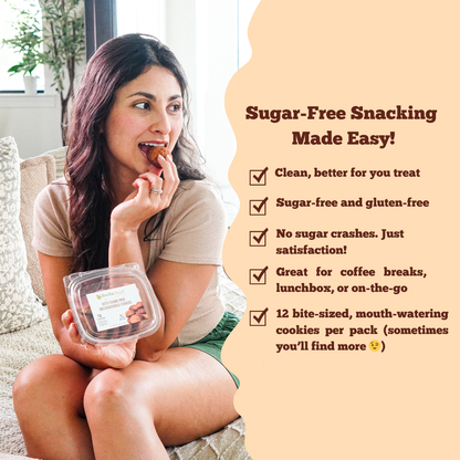 Woman enjoying BochaSweet keto snickerdoodle cookies. Sugar-free, gluten-free, and perfect for on-the-go snacking.