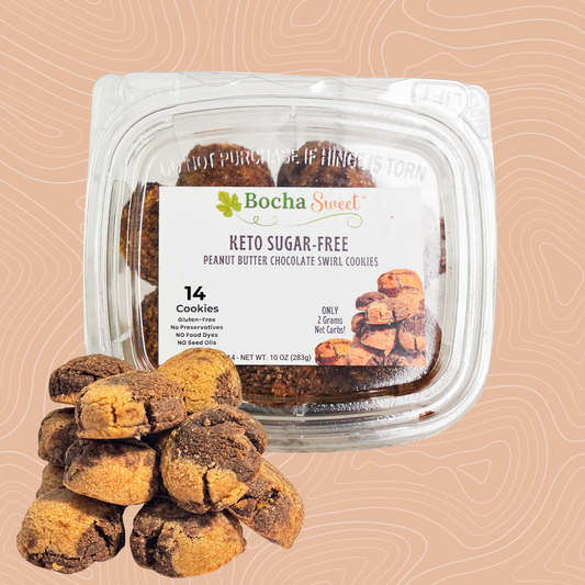 Packaged keto sugar-free peanut butter chocolate swirl cookies with Bocha Sweet label on a beige background