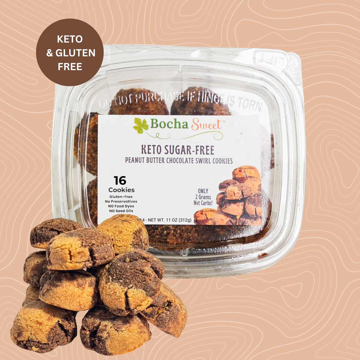 16 KETO PEANUT BUTTER CHOCOLATE SWIRL COOKIES (GLUTEN FREE - 11 OZ)