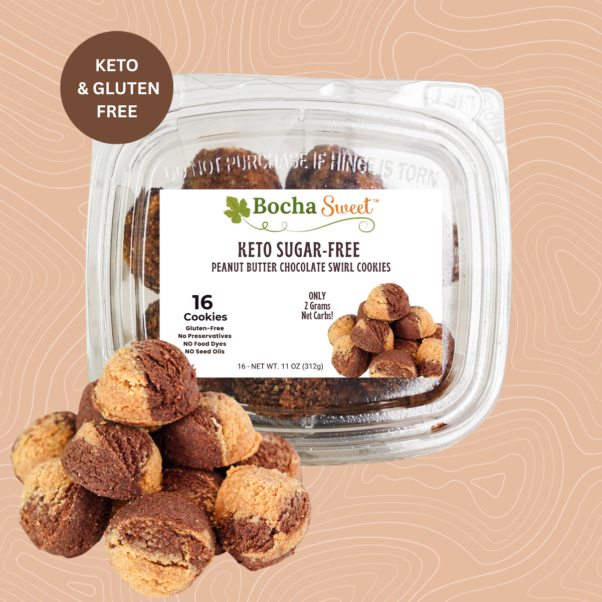 Pack of Bocha Sweet keto sugar-free cookies on a beige background