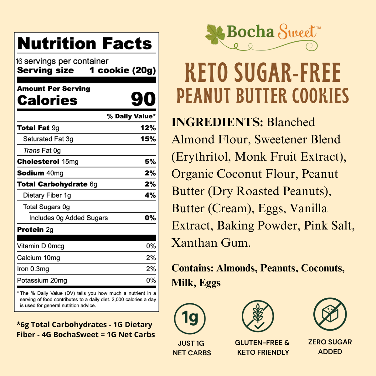 Bocha Sweet Keto Sugar-Free Peanut Butter Cookies nutrition facts label and product information on a light beige background. The label shows a nutrition facts panel, branding, ingredients list, and a 1g net carbs badge.