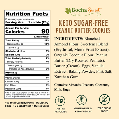 Bocha Sweet Keto Sugar-Free Peanut Butter Cookies nutrition facts label and product information on a light beige background. The label shows a nutrition facts panel, branding, ingredients list, and a 1g net carbs badge.