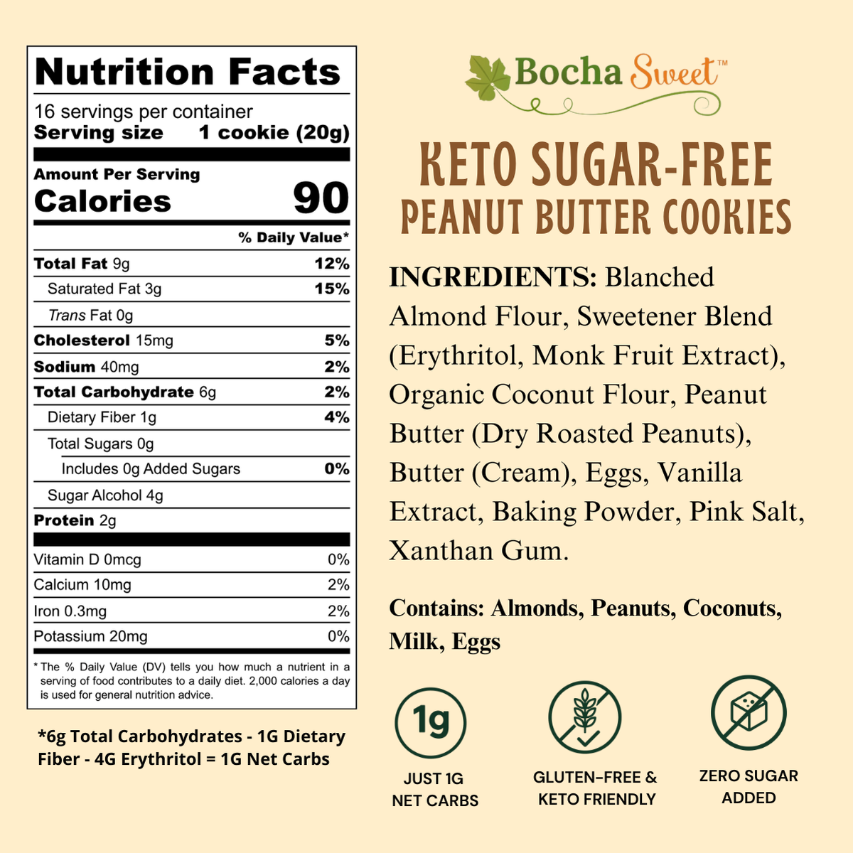 Bocha Sweet Keto Sugar-Free Peanut Butter Cookies nutrition facts label and product information on a light beige background. The label shows a standard nutrition panel with serving size 1 cookie, 90 calories, and ingredients including almond flour, sweetener blend, erythritol, monk fruit extract, organic coconut flour, peanut butter, butter (cream), eggs, vanilla extract, baking powder, pink salt, and xanthan gum.