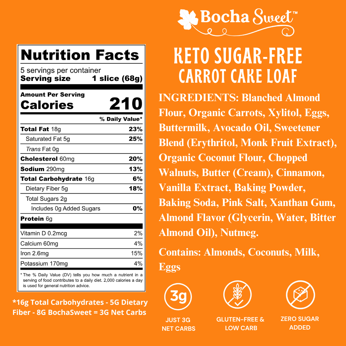 An orange product information card for Bocha Sweet Keto Sugar-Free Carrot Care Loaf, showing a Nutrition Facts label, ingredients list, and three icons indicating 3g carbs, gluten-free, and zero sugar added.