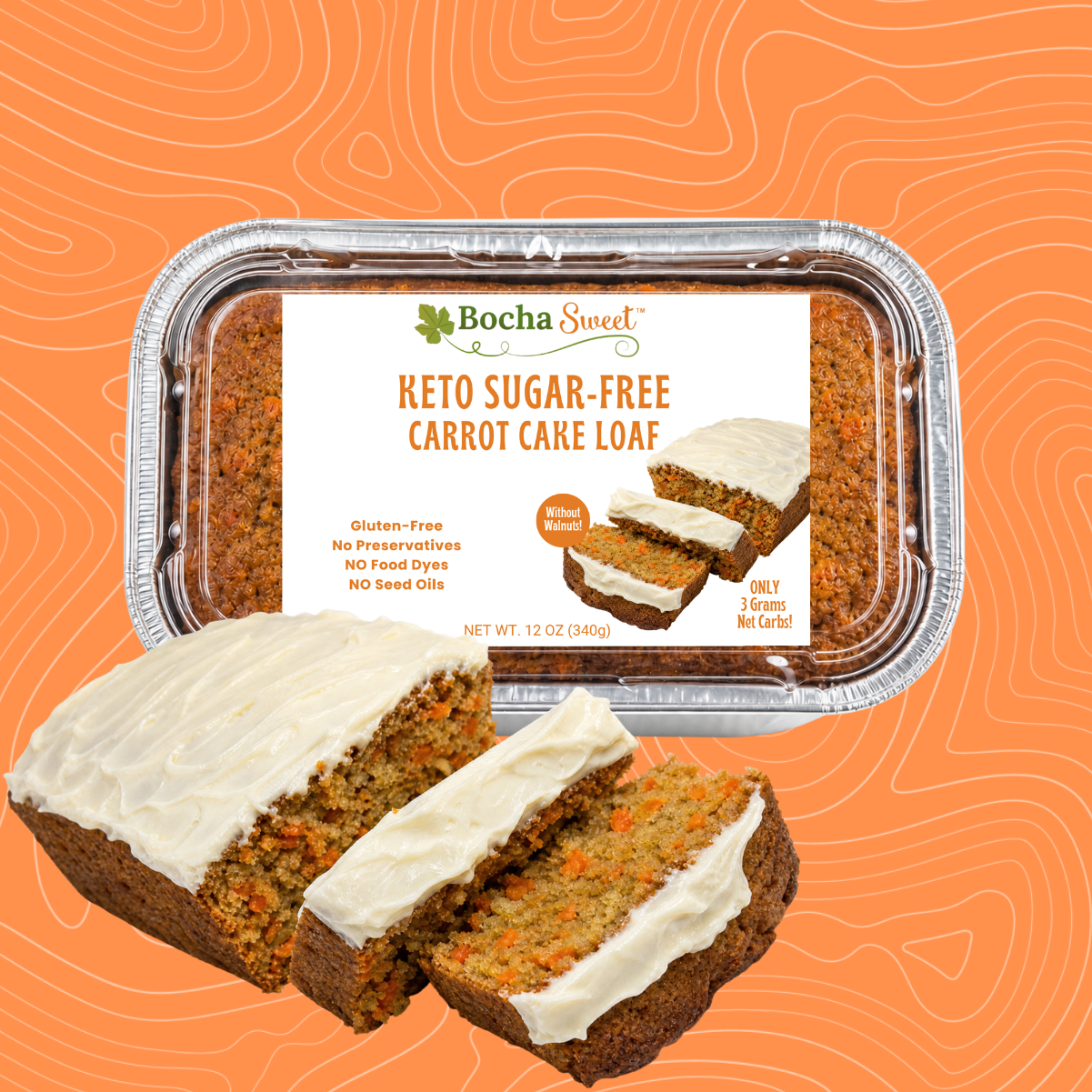 Keto sugar-free carrot cake loaf without walnuts with frosting on an orange background