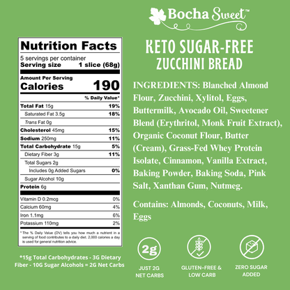 BochaSweet Keto Sugar-Free Zucchini Bread nutrition facts and ingredients: 190 calories, 6g protein and 2g net carbs per slice, gluten-free, zero sugar added
