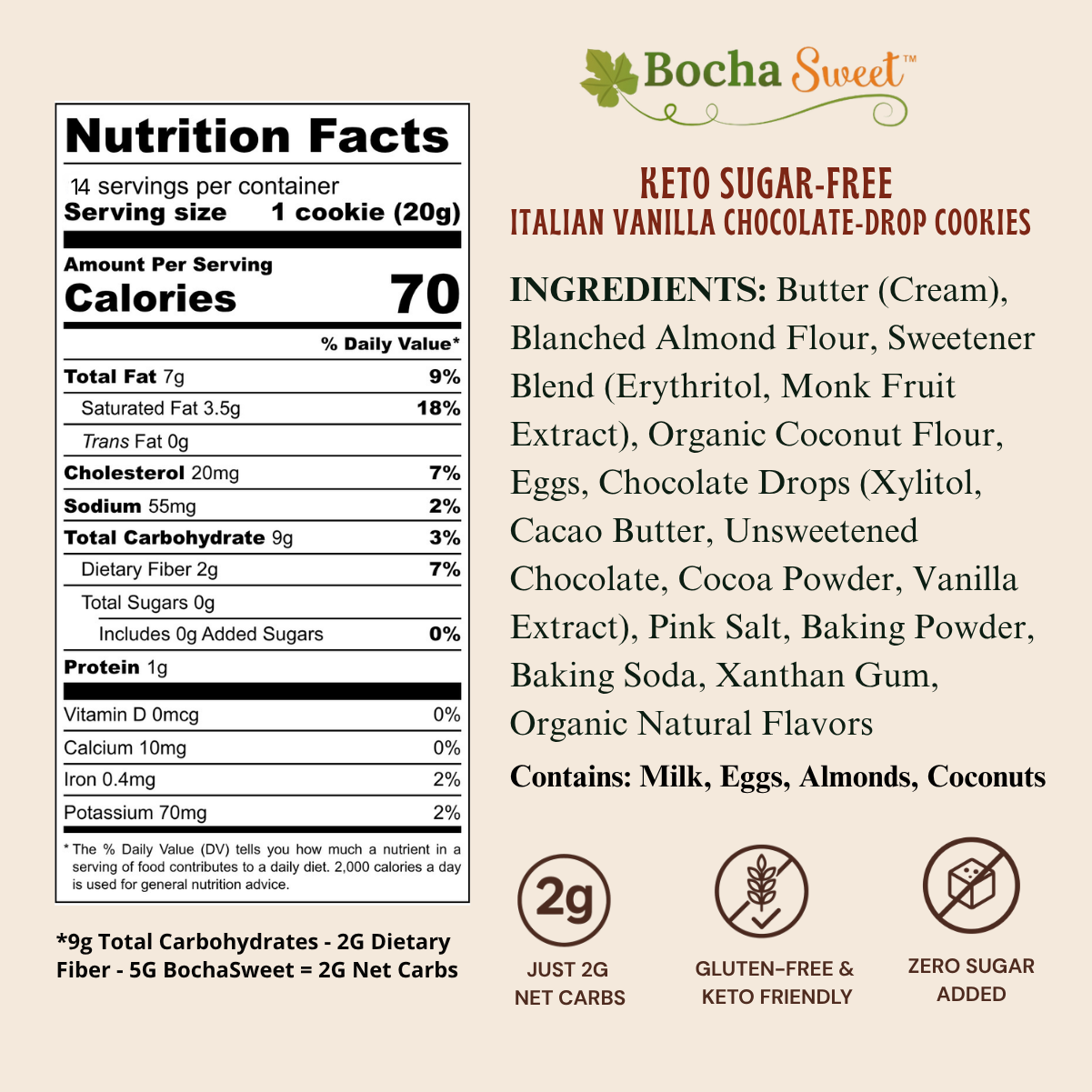 14 KETO ITALIAN VANILLA CHOCOLATE-DROP COOKIES (GLUTEN FREE - 10 OZ)