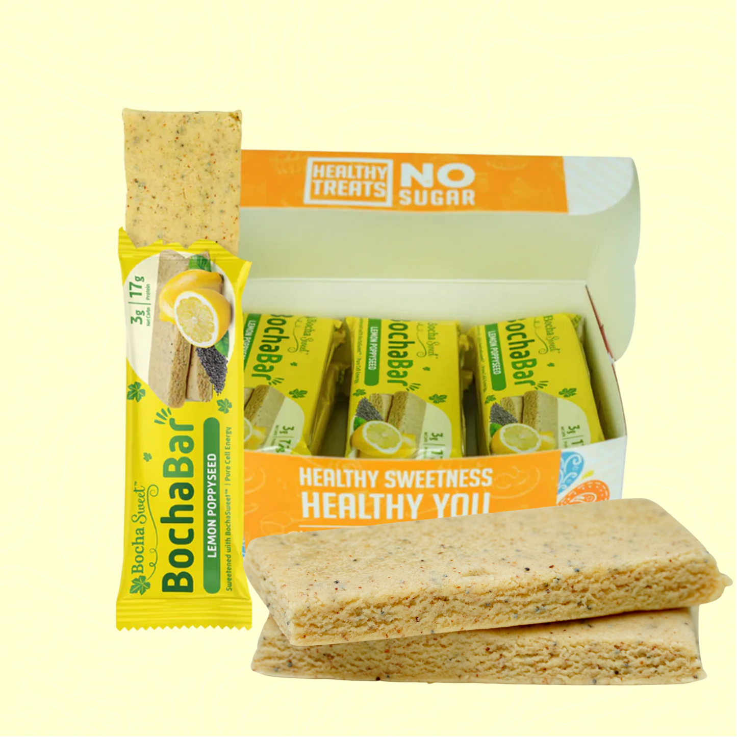 BochaBar Lemon Poppyseed Protein Bar - A zesty, no-sugar snack featuring a refreshing lemon and poppyseed flavor. The image displays an open box with individually wrapped bars, focusing on one bar with visible poppyseeds and a soft, moist texture. With 3g net carbs and 17g protein per bar, it's a perfect choice for those following keto, low-carb, and sugar-free diets, delivering a healthy and delicious treat.