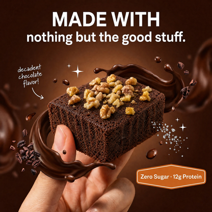 Chocolate brownie with nuts held by a hand, surrounded by chocolate sauce and text about ingredients.