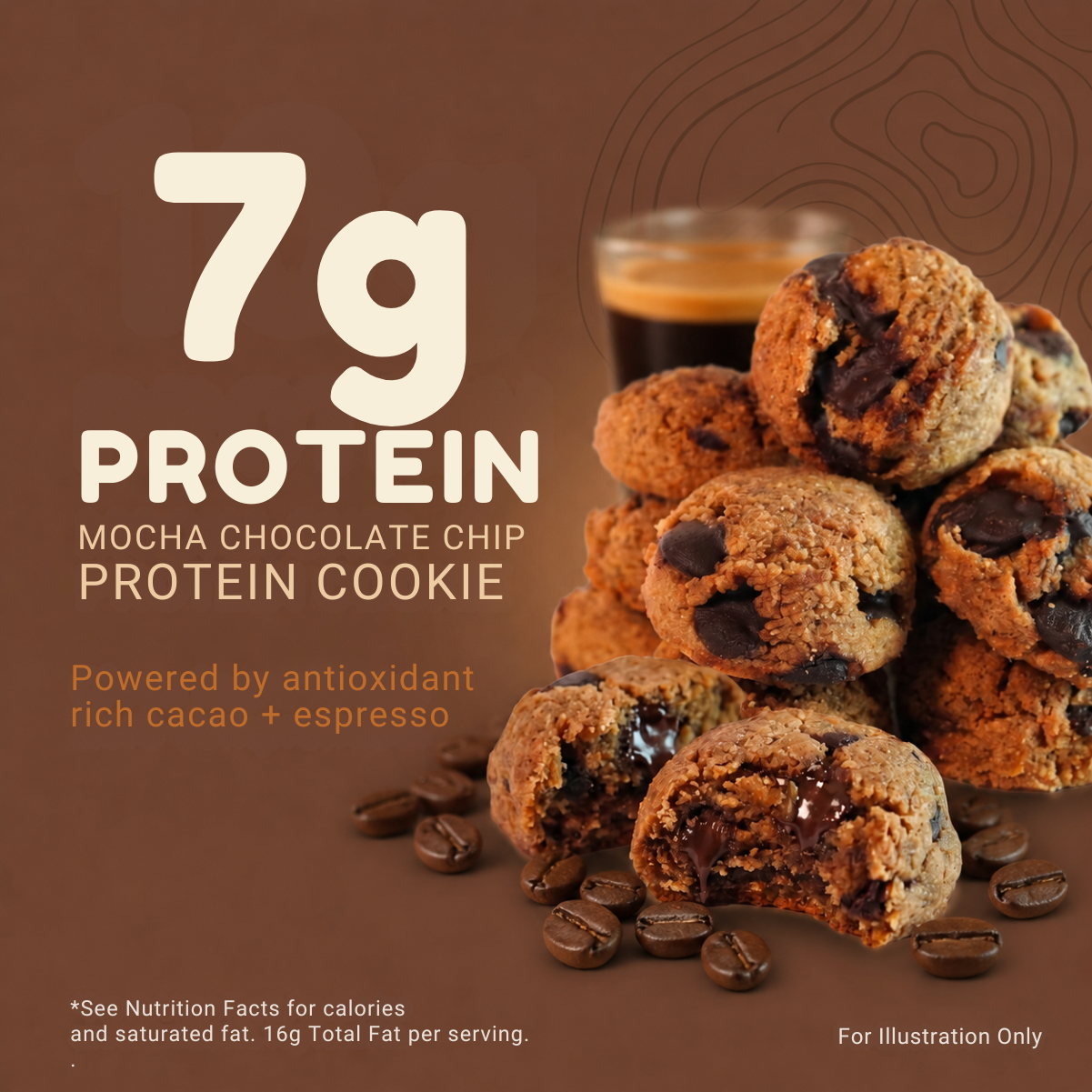 Mocha chocolate chip protein cookies with coffee beans on a brown background