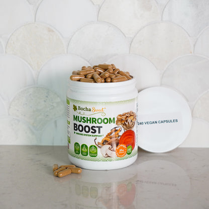 BochaSweet Mushroom Boost jar with vegan capsules, showcasing immune support with a blend of powerful mushrooms