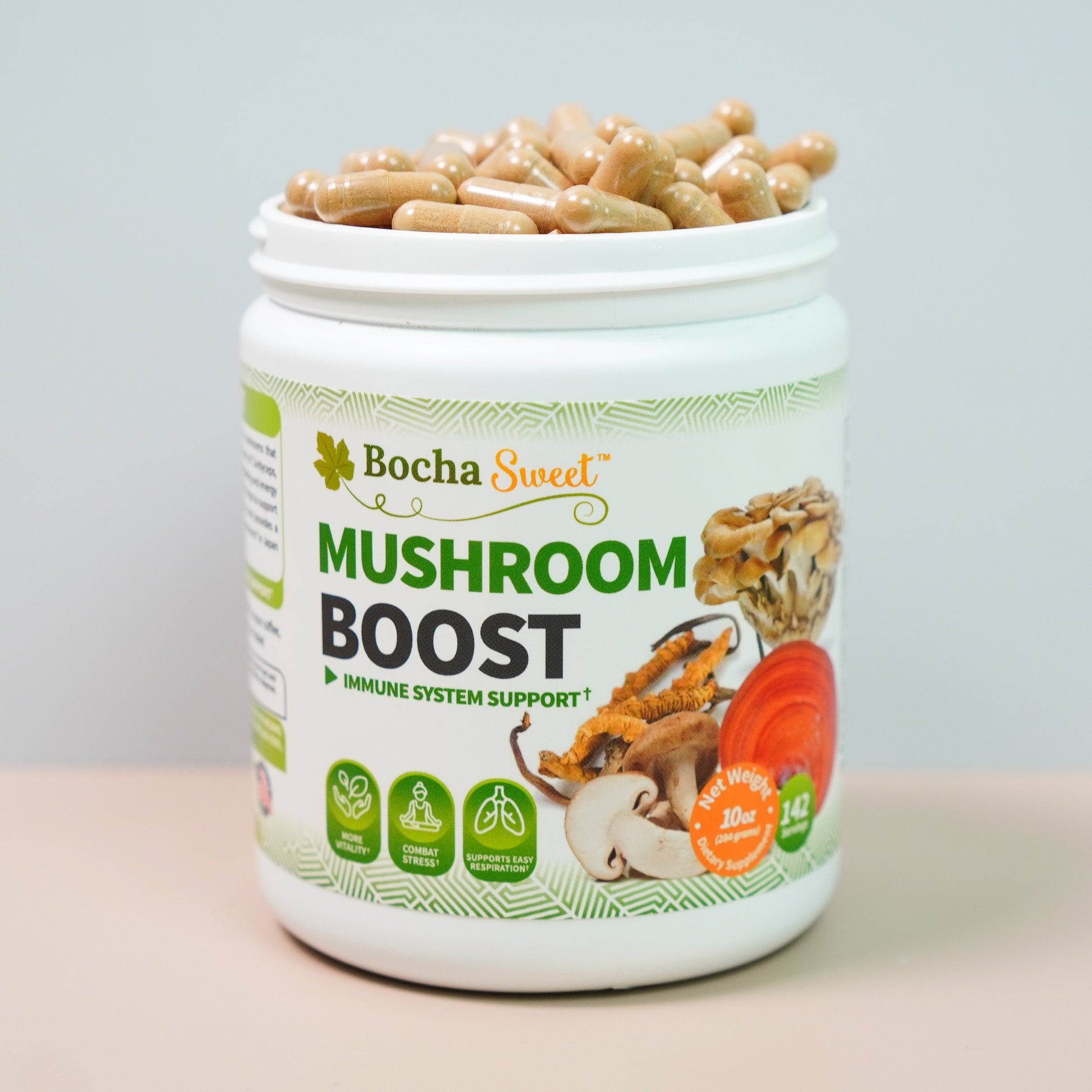 Close-up of BochaSweet Mushroom Boost capsule, providing immune support with Reishi and Cordyceps mushrooms