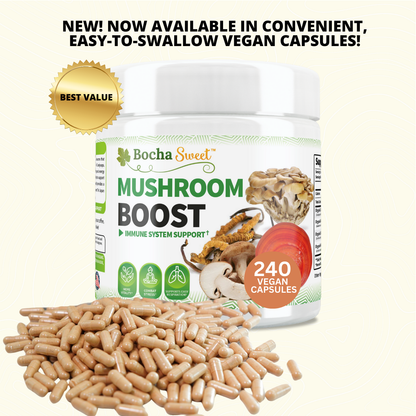 BochaSweet Mushroom Boost Immune Support Supplement in 240 Vegan Capsules, featuring Reishi, Maitake, and Cordyceps Mushrooms