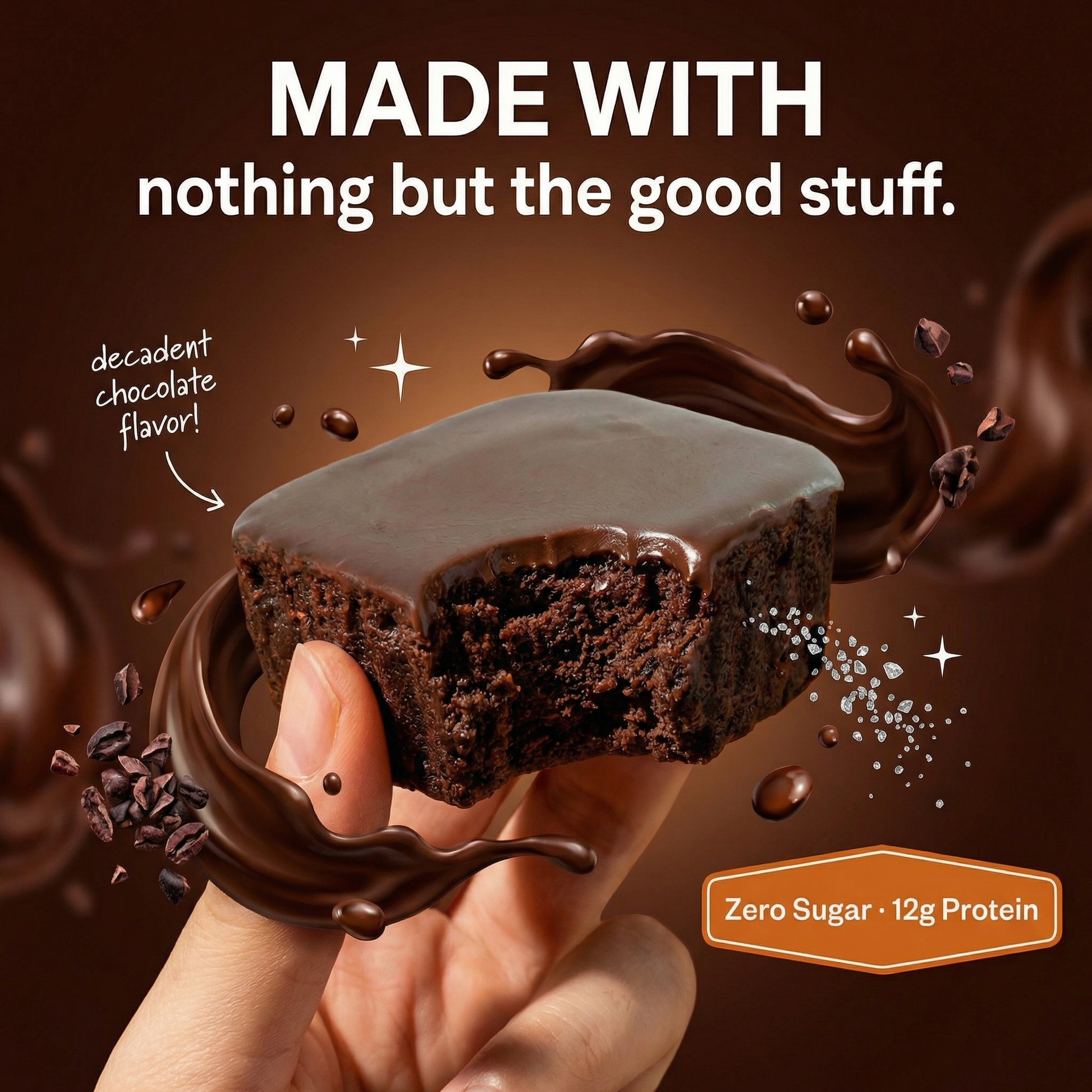 Protein Brownie with nothing but the good stuff. Decadent chocolate flavor! Zero Sugar, 12g protein.